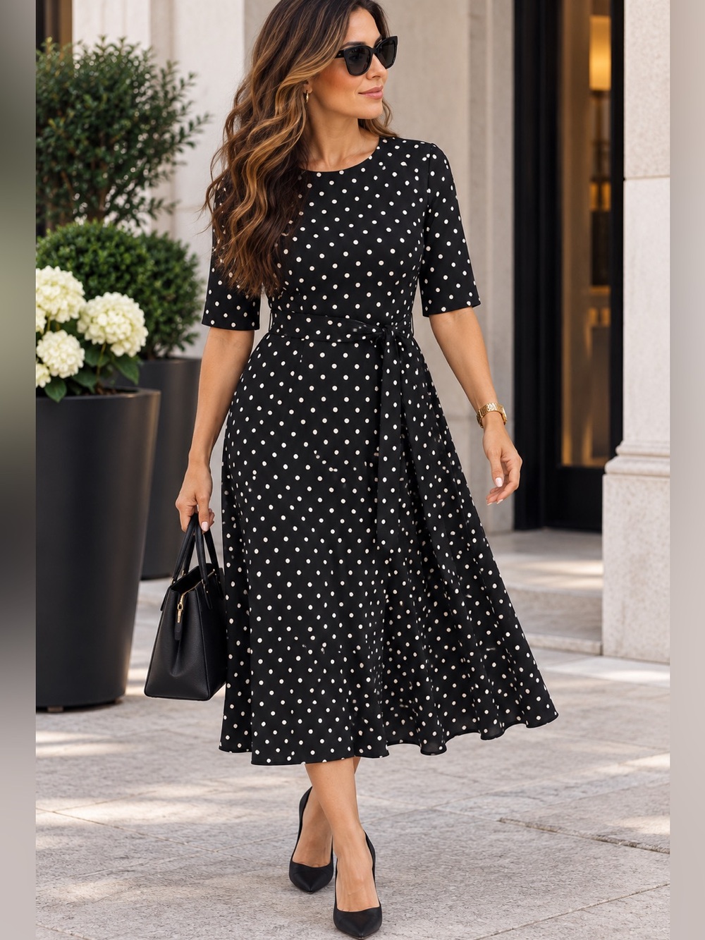Anne Klein Black & White Polka Dot Midi Dress Size 14